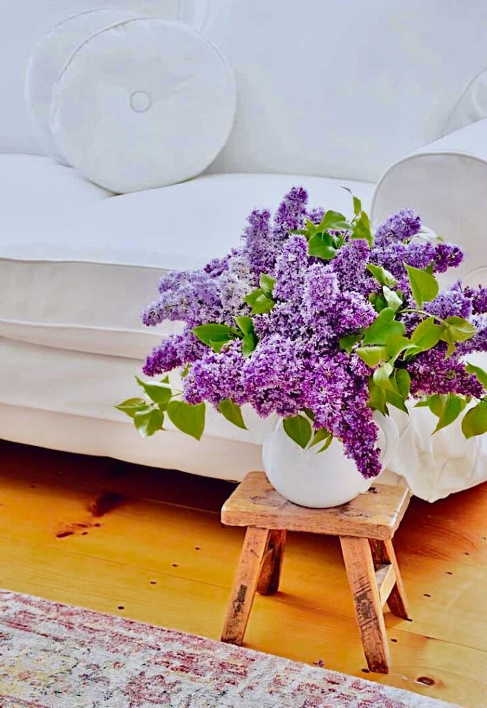 Vintage Room Aesthetic with purple lilacs on old stool and white couch.