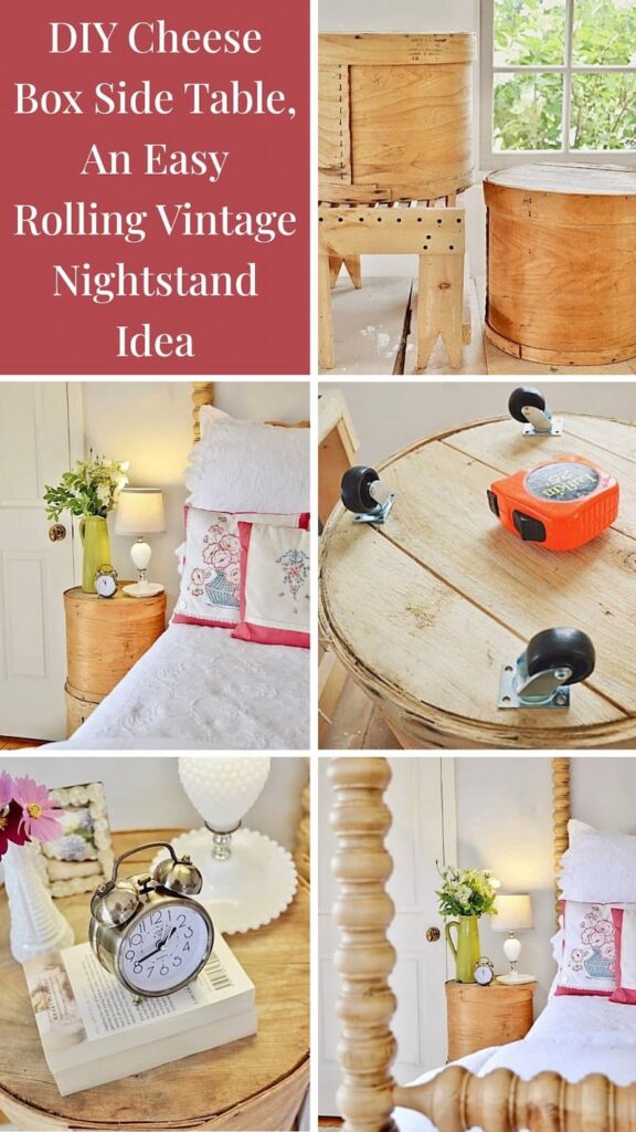 DIY Cheese Box Side Table, An Easy Rolling Vintage Nightstand Idea photo collage.