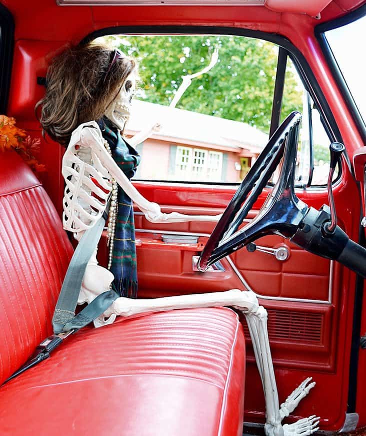Female halloween skeleton waving out of vintage ford truck Skeleton with womens wig in drivers seat with seat belt in red old ford truck for skeleton Halloween decorating ideas.
