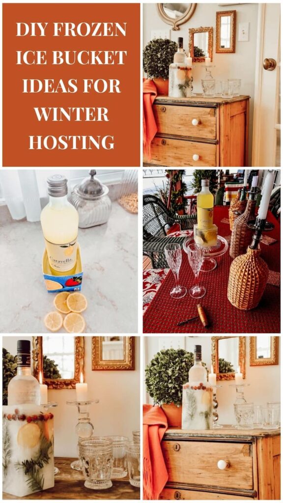 DIY Frozen Ice Bucket Ideas for Winter Hosting photo collage.