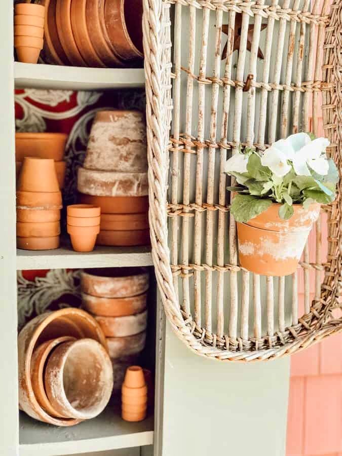 Garden cupboard filled with terracotta pots and pansies.