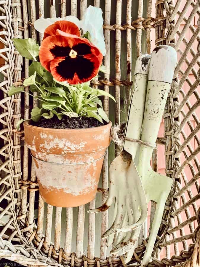 Terracotta pot with red pansy and vintage gardening tools in basket.