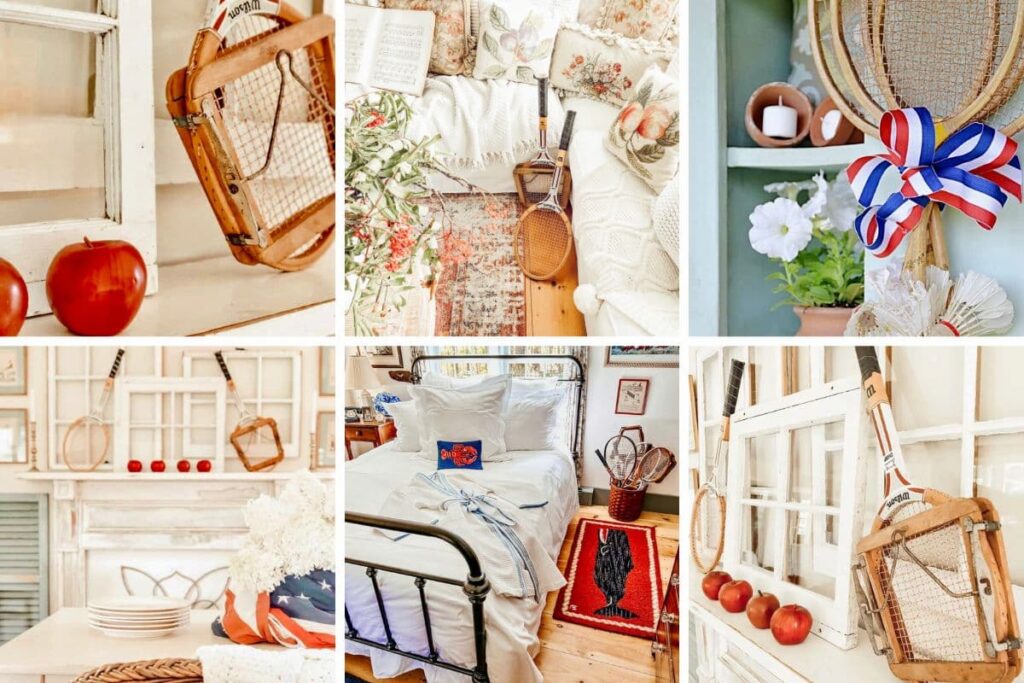 Vintage Tennis Racket Decor Ideas with Patriotic Style for Summer Holidays photo collage.