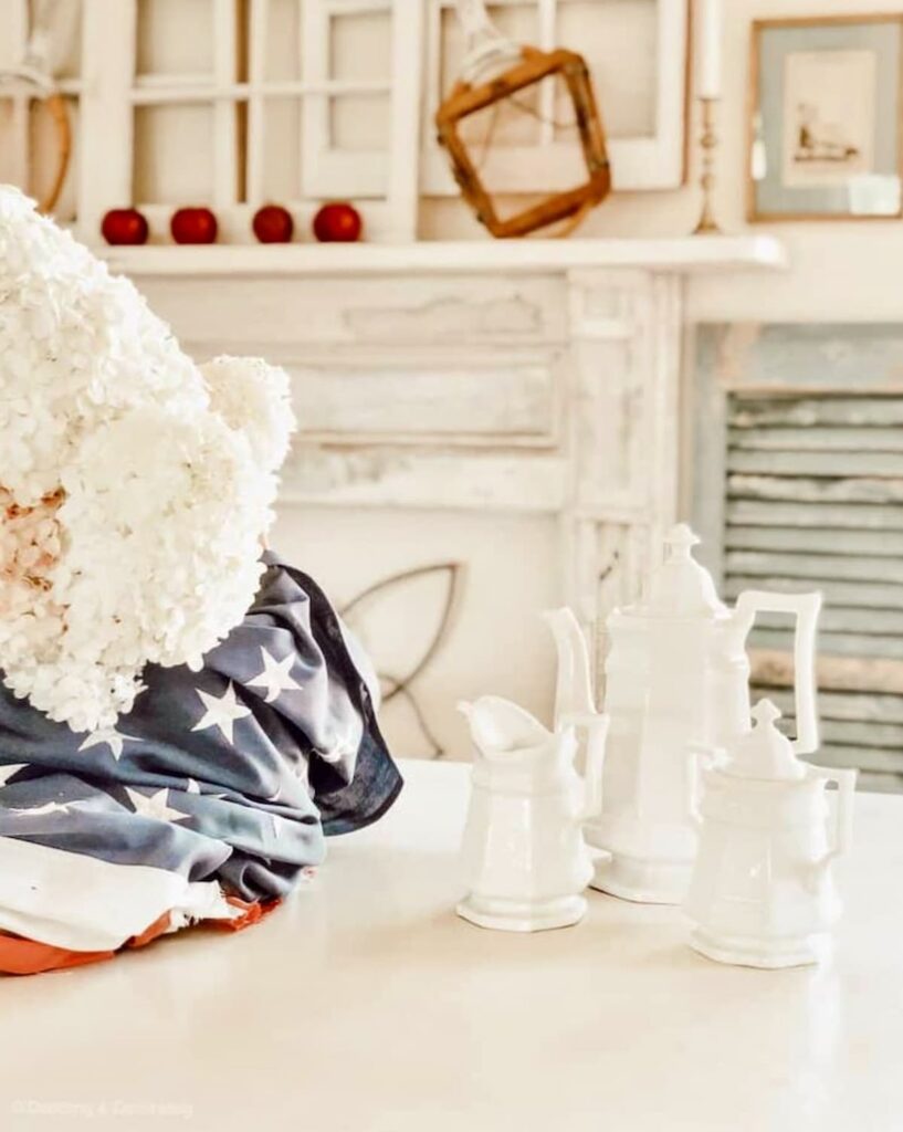 Patriotic home decor farmhouse cottage style with neutral decor.