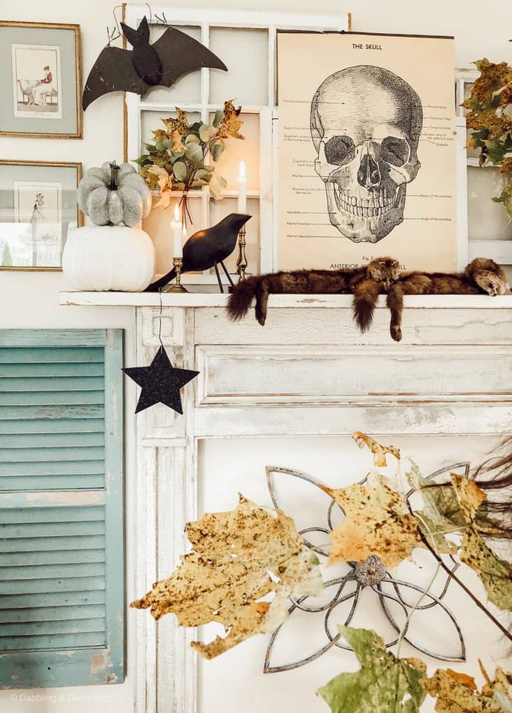 Halloween Vintage Mantel  with The Skull science classroom poster, thrifted minks, white pumpkins and foraged branch bundles.