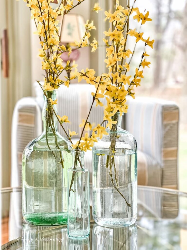 Forsythia Cut Flower Arrangement in vintage green and clear bottles on a sunroom's glass table.