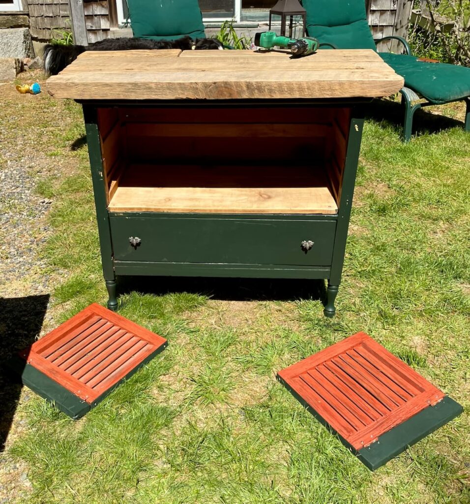 Old dresser newly painted Essex green with new barn wood top and now drawers.