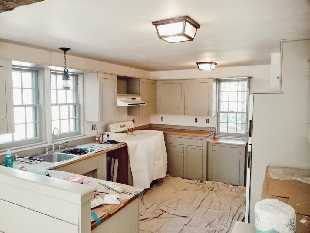 Interior home makeover during the process showing kitchen interior.