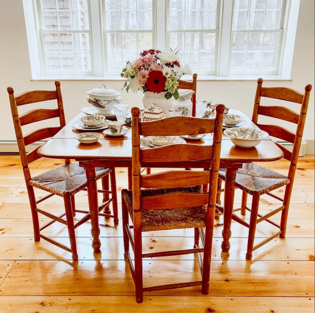 Antique Dining Room table with vintage transferware