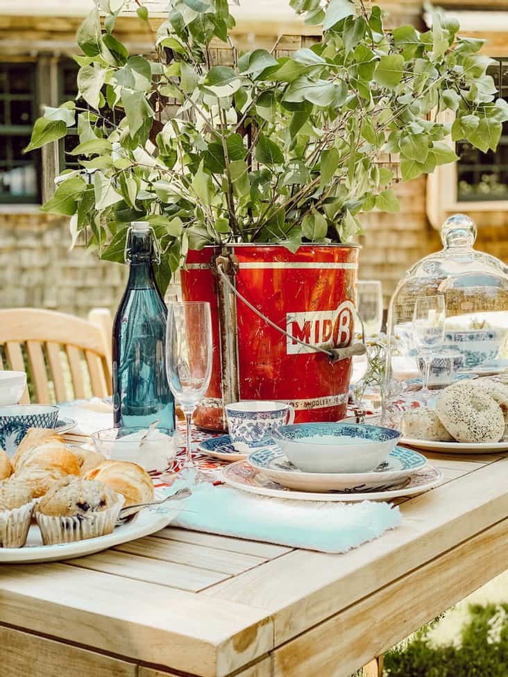 Alfresco Patriotic tablescape with galvanized bucket centerpiece.