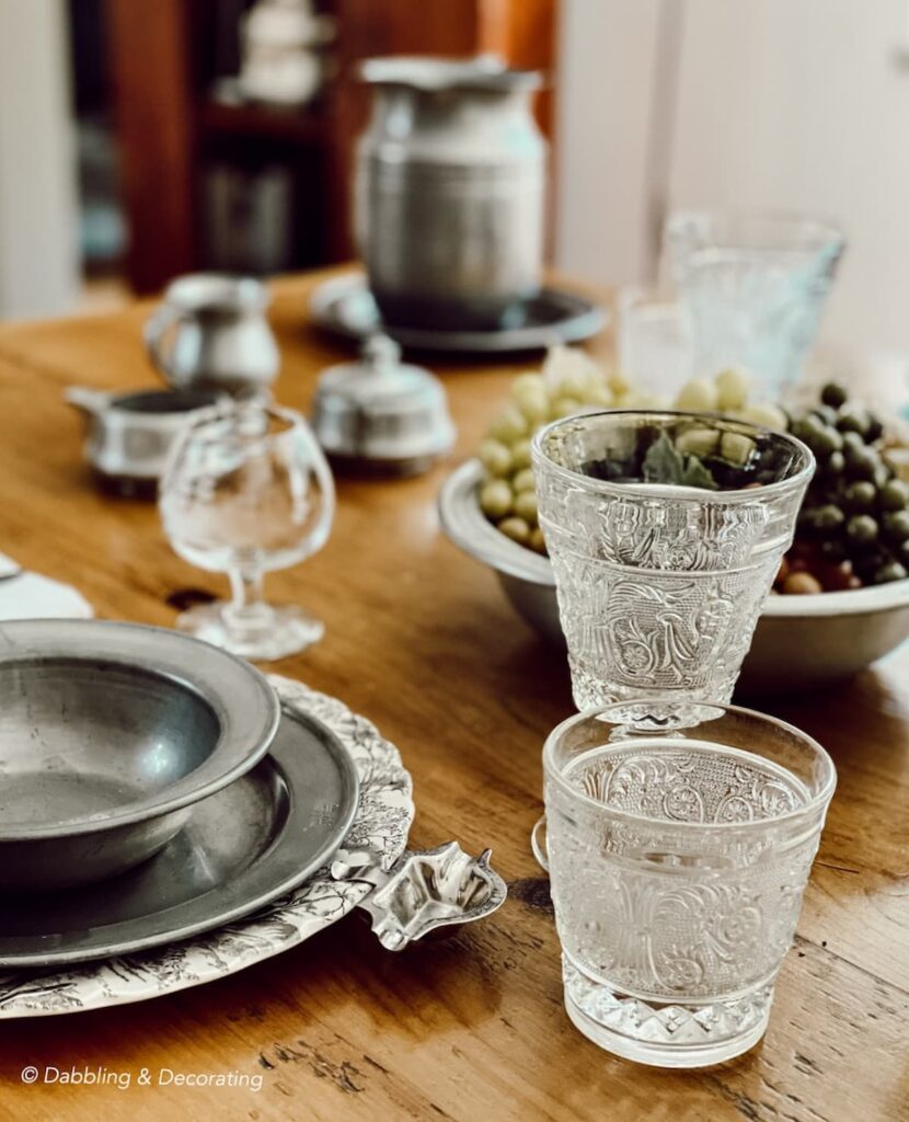 Antique Pewter tablescape with vintage glassware
