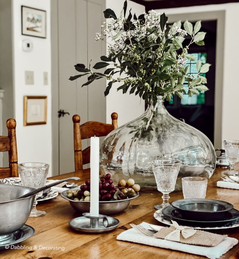 Antique Pewter Tablescape with Large Bottle Centerpiece