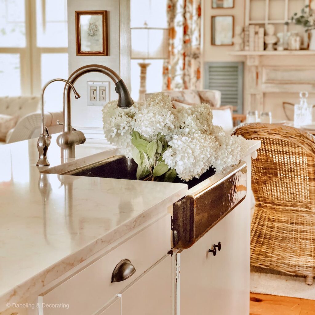 Limelight Hydrangeas in farmhouse sink