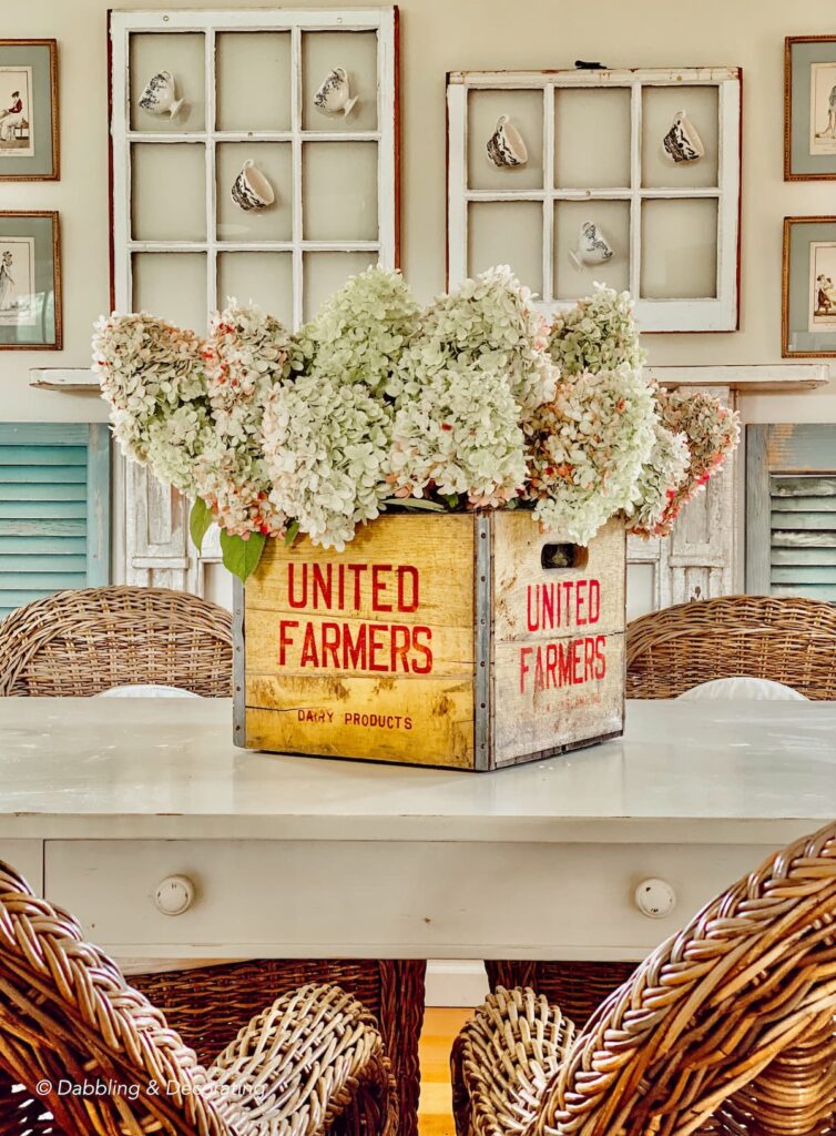 Antique Crate in yellow with Fall hydrangeas