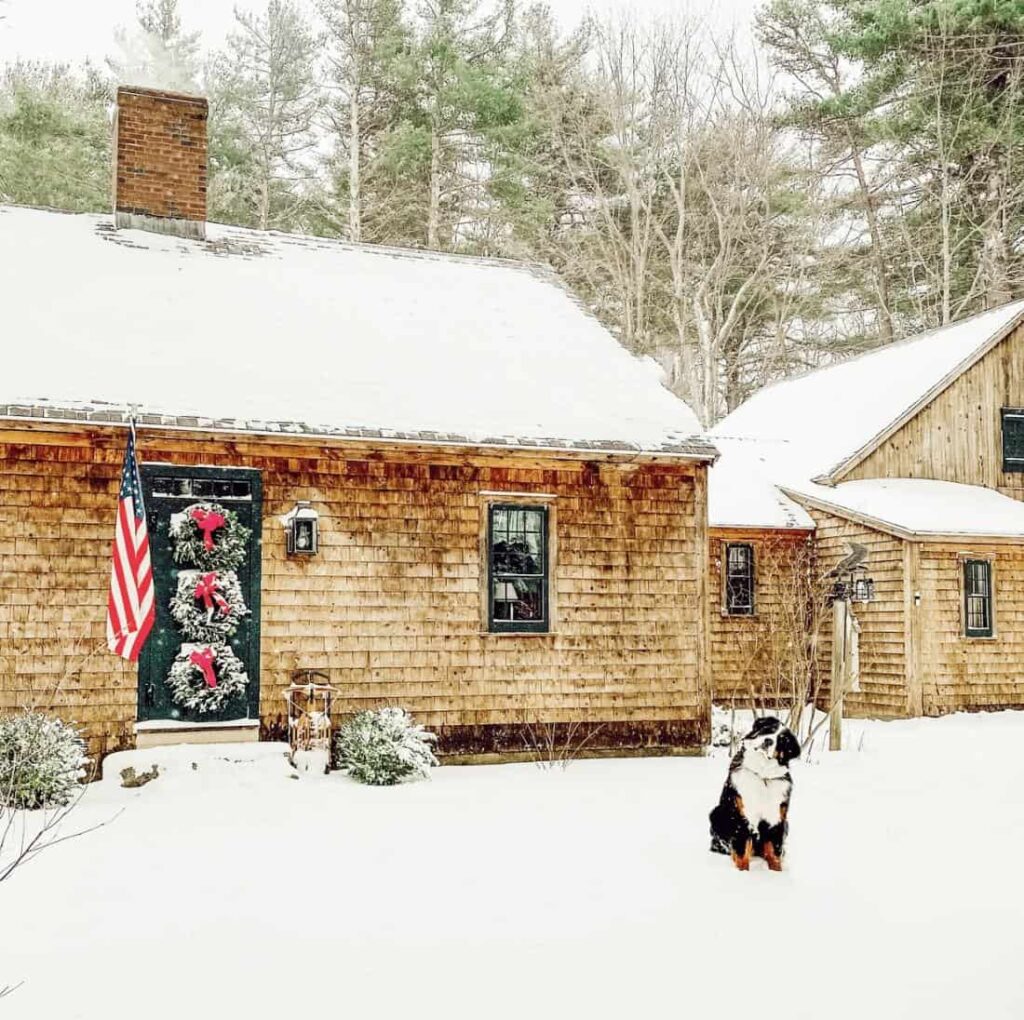 Cottage in Maine with snow and Bernese Mountain Dog Three Christmas Wreath Front Door