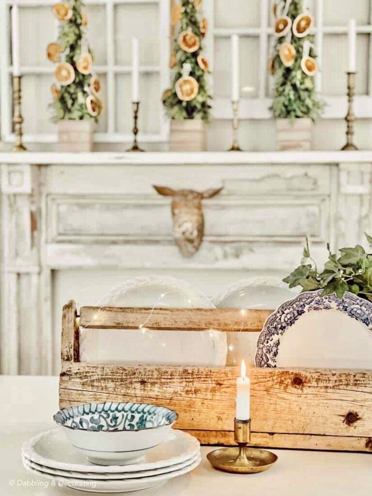 Vintage Mantel and Wooden toolbox decor ideas.