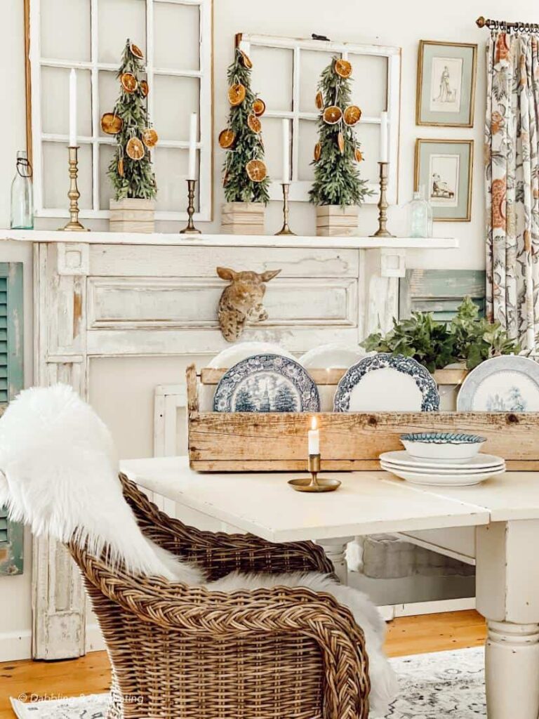 Vintage style dining room decorated for the holidays and winter.