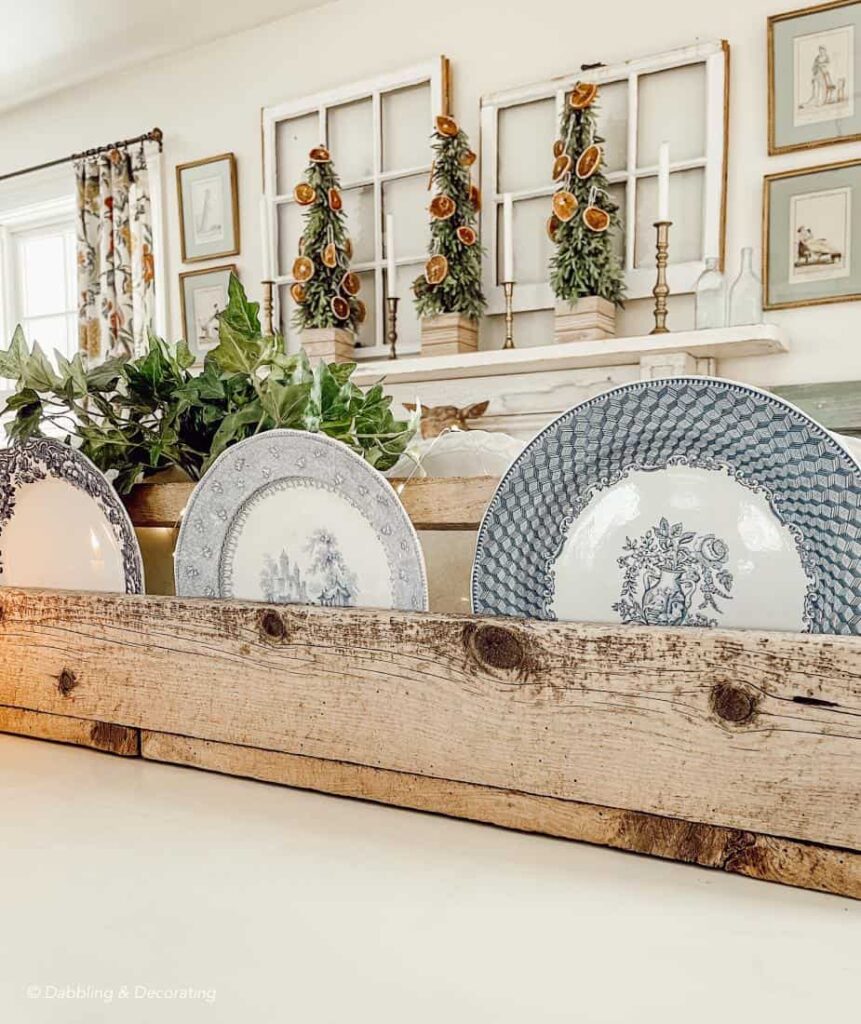 Wooden toolbox with blue and white plates centerpiece