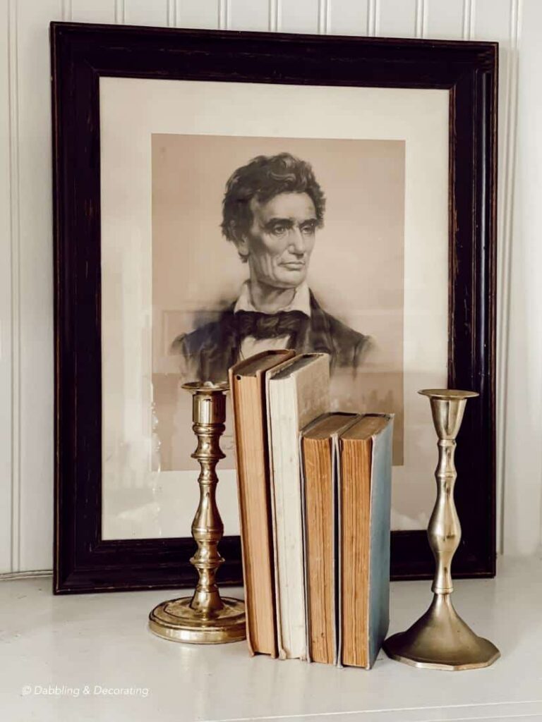 Vintage Bookshelf Decor- including Abraham Lincoln Portrait