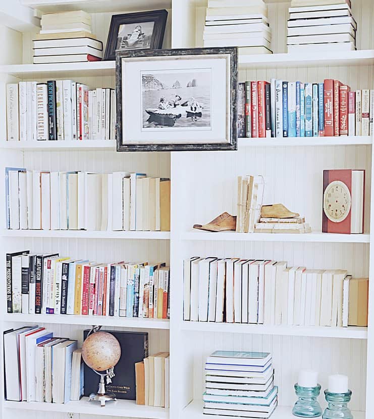 Decorated bookshelves.