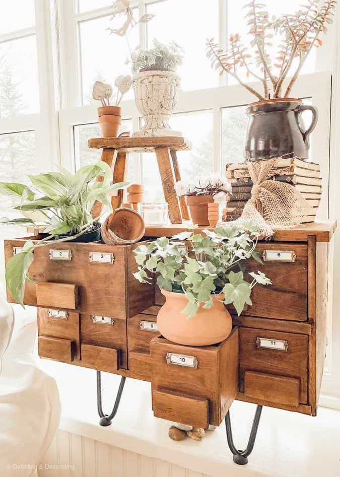 Spring Greenery, Terracotta Pots and a Repurposed Card Catalog