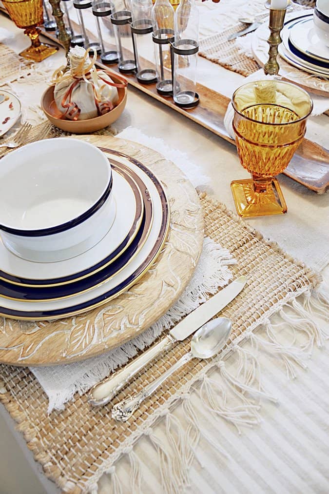table scape with amber glassware and lenox china.
