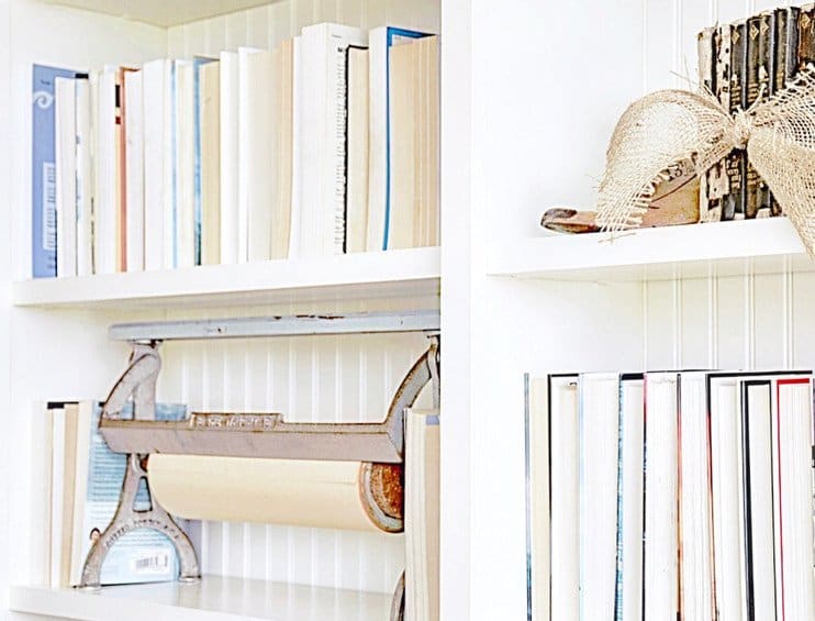 Shelfie with vintage finds and books.