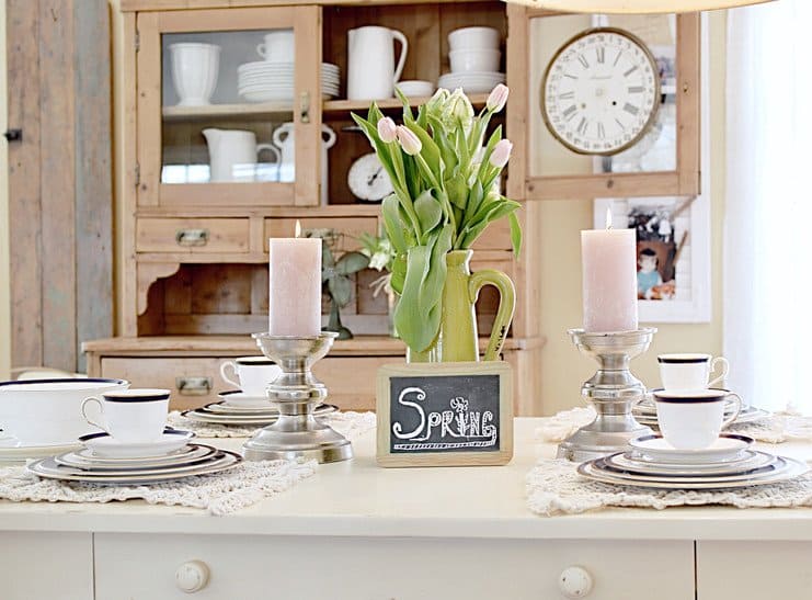 Spring dinner table with vintage finds.