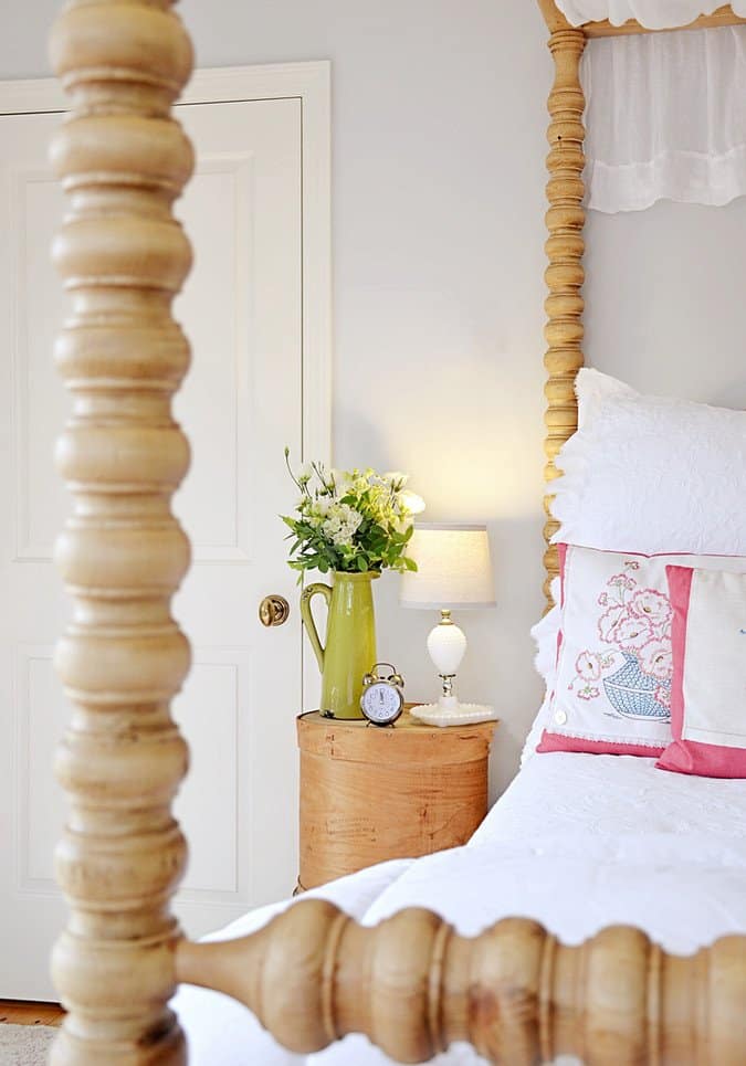 Master Bedroom with DIY Vintage Cheese Crate Bedside Table.