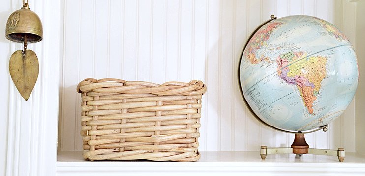 Vintage glob, basket and brass bell #shelfie