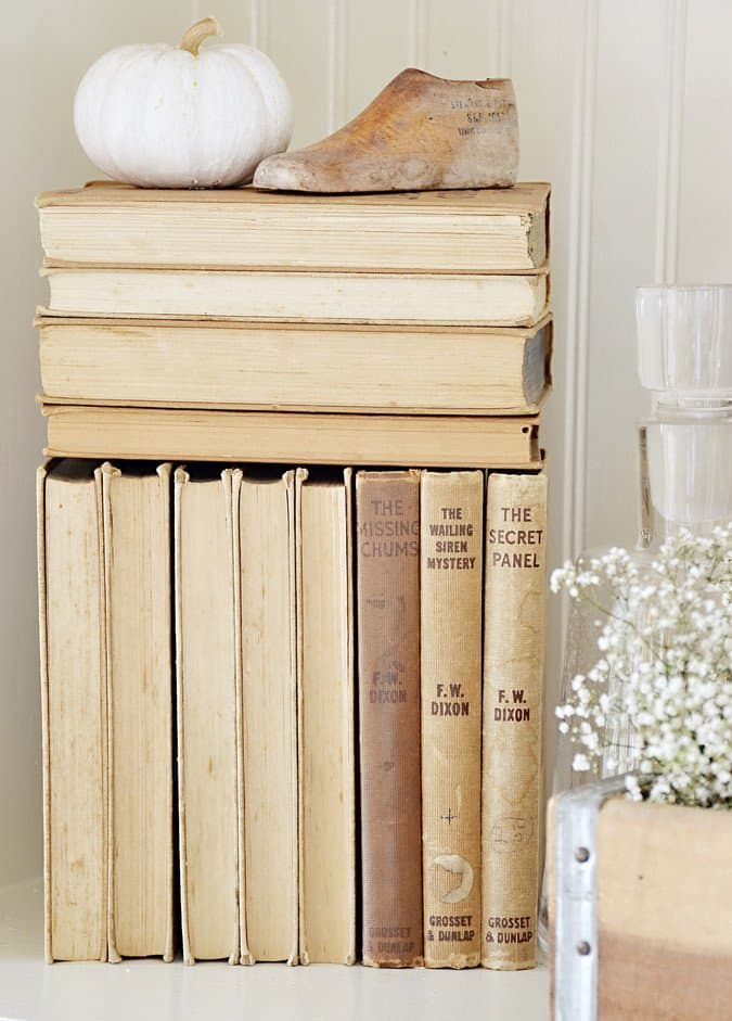 Vintage Hardy Boys book collection w/ vintage shoe mold and white pumpkin.