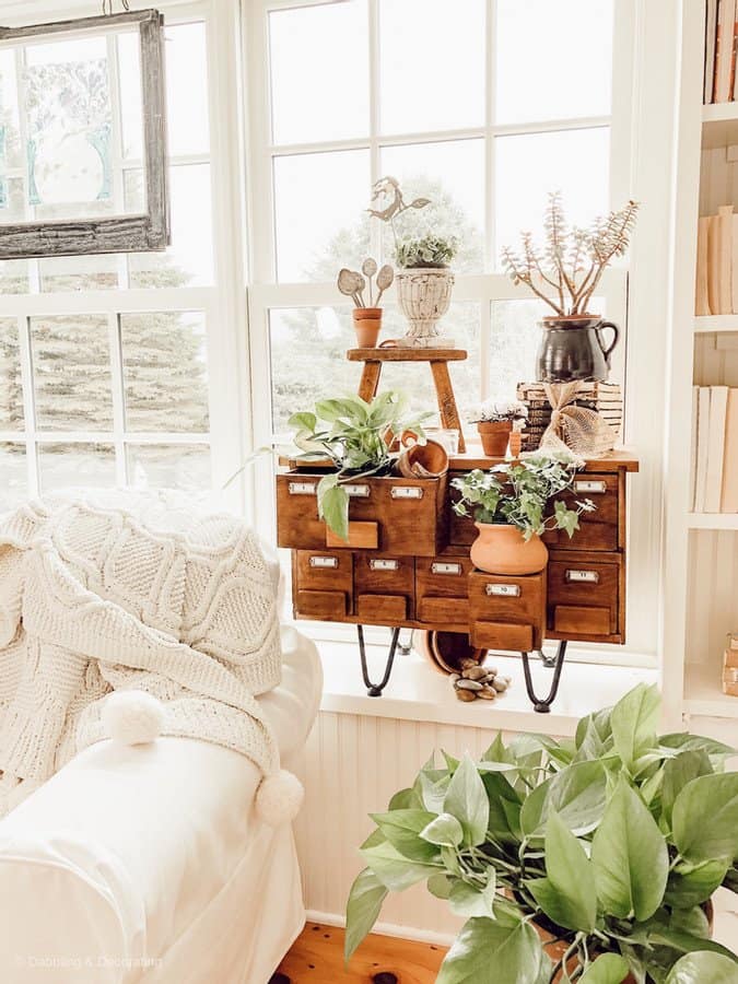 Spring Greenery, Terracotta Pots and a Repurposed Card Catalog