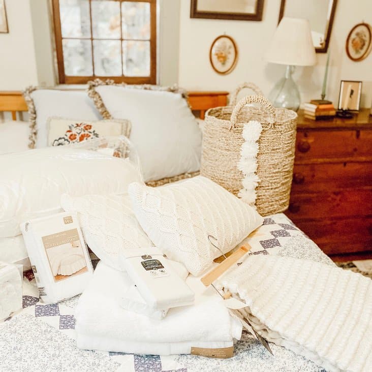 room in attic truss with bedding and accessories.