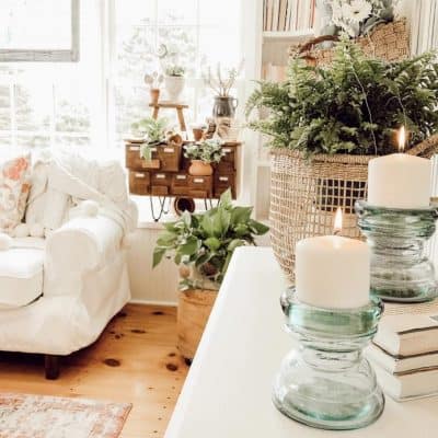candles and greenery in sunroom