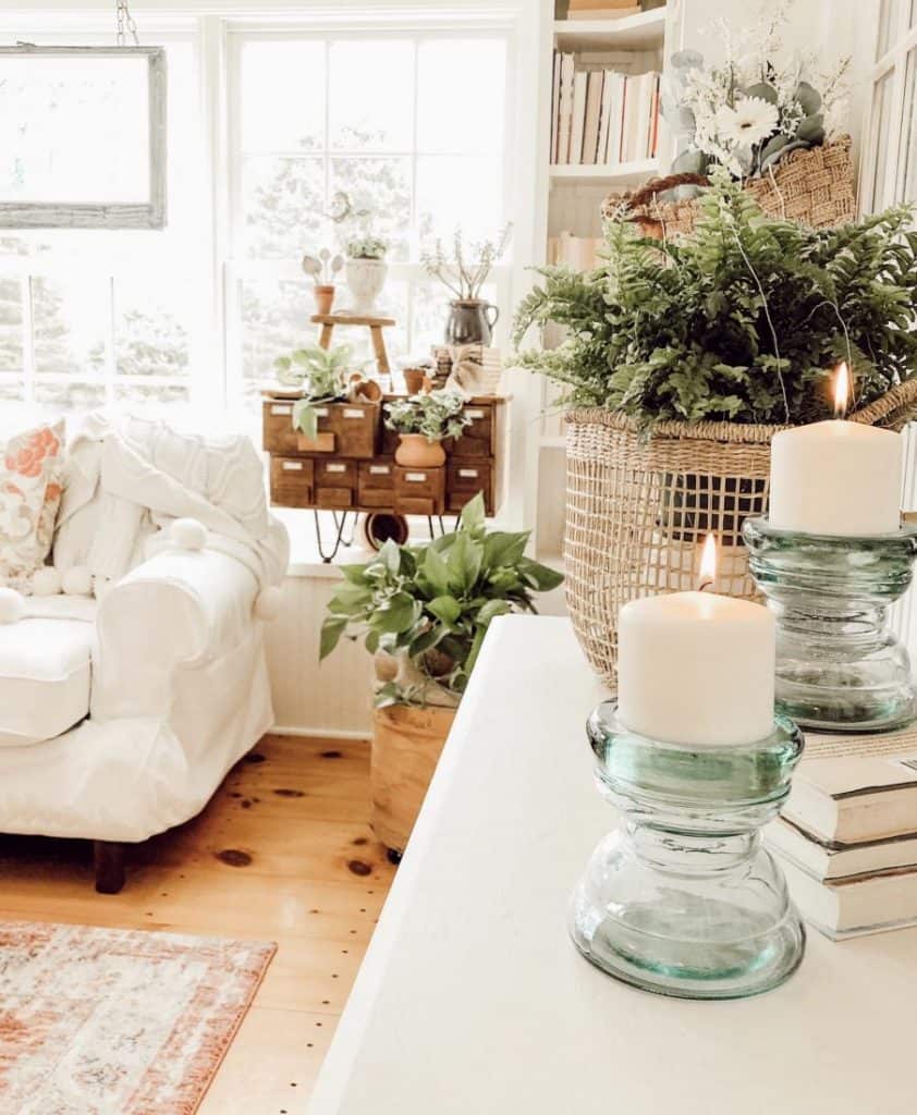 candles and greenery in sunroom