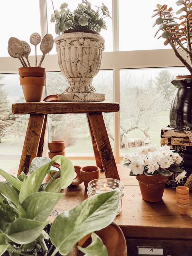 Spring Greenery, Terracotta Pots and a Repurposed Card Catalog