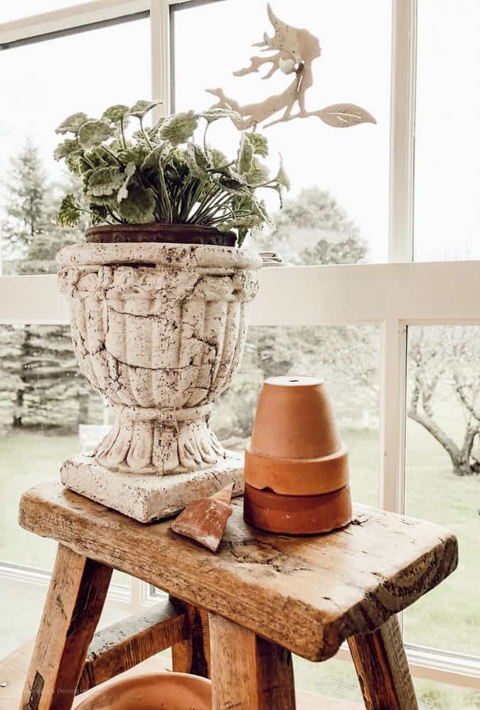 Spring Greenery, Terracotta Pots and a Repurposed Card Catalog