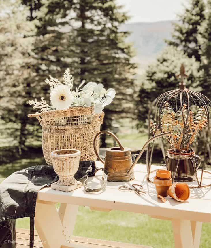 pots and plants on table.