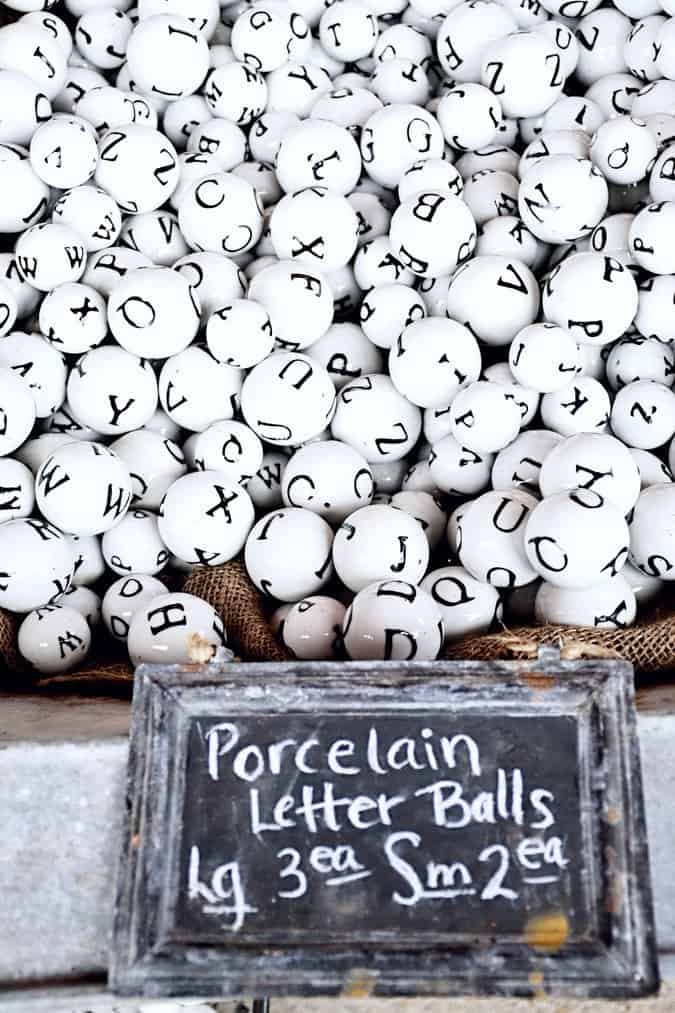 Porcelain letter balls.  Vintage Market Days and Inspiring Finds