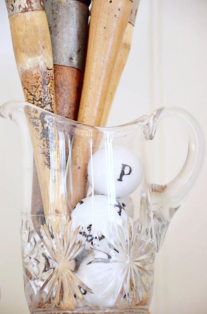 Vintage letter balls in glass jar with vintage paintbrushes. Vintage Market Days and Inspiring Finds