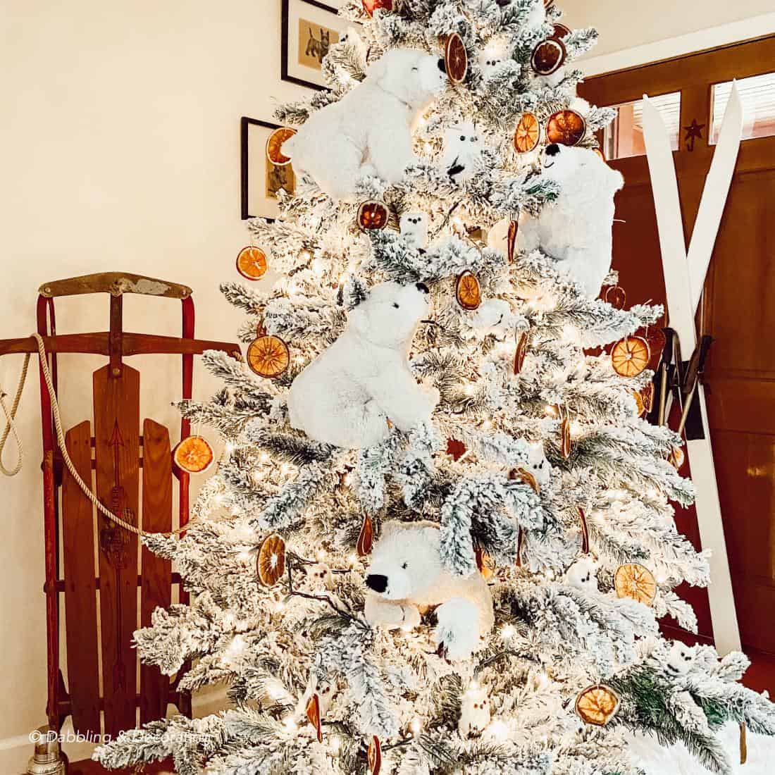 Christmas tree with white stuffed polar bears, DIY orange slice ornaments, vintage sled and skis.