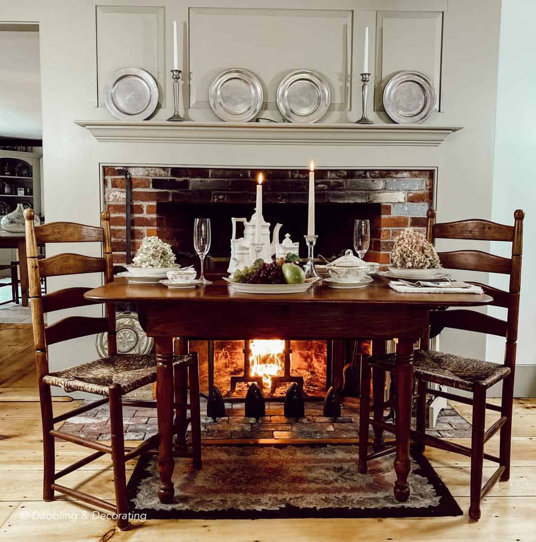 Colonial styled fireplace table setting.