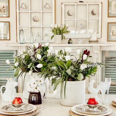 Antique Crocks with White Tulips