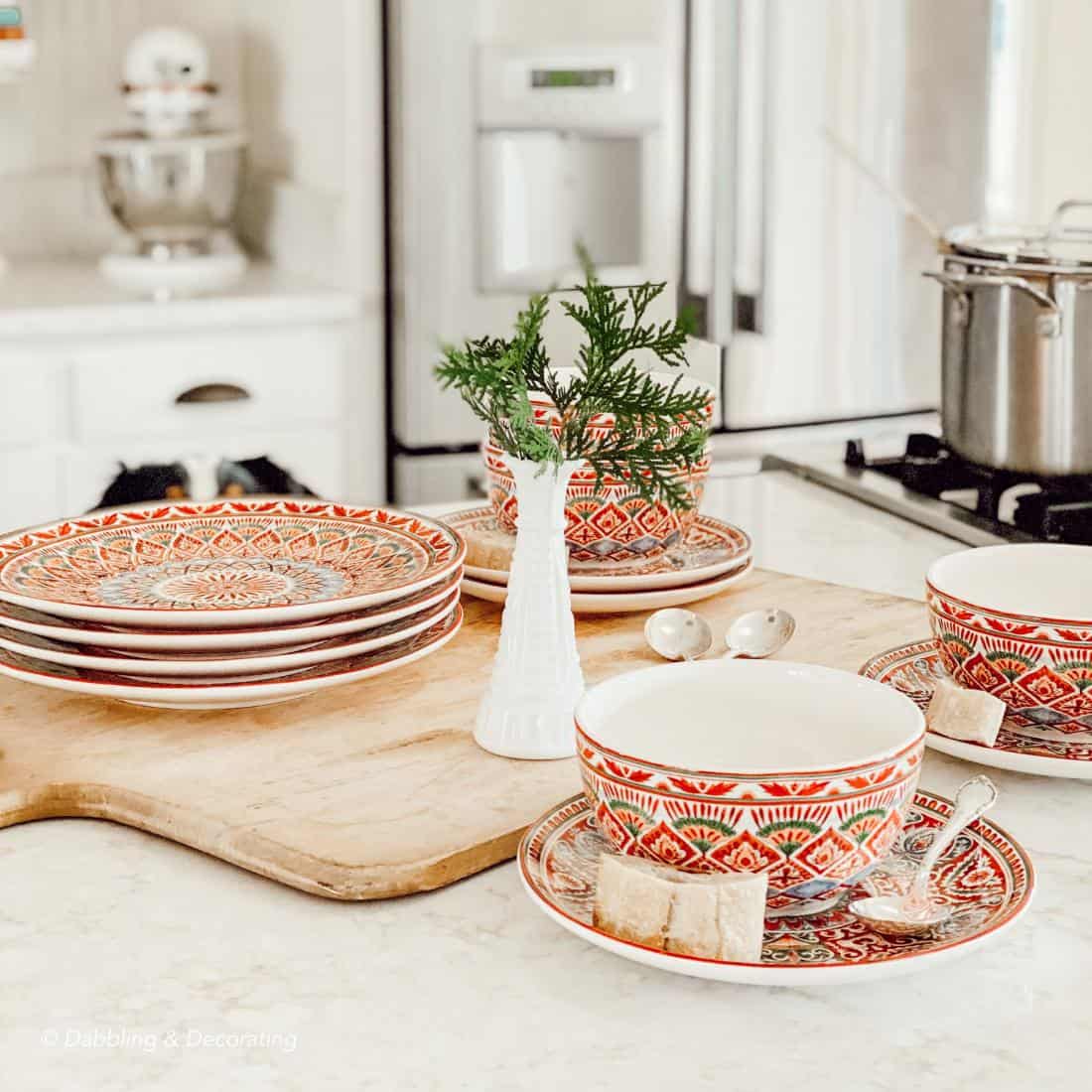 red dishes on a kitchen counter