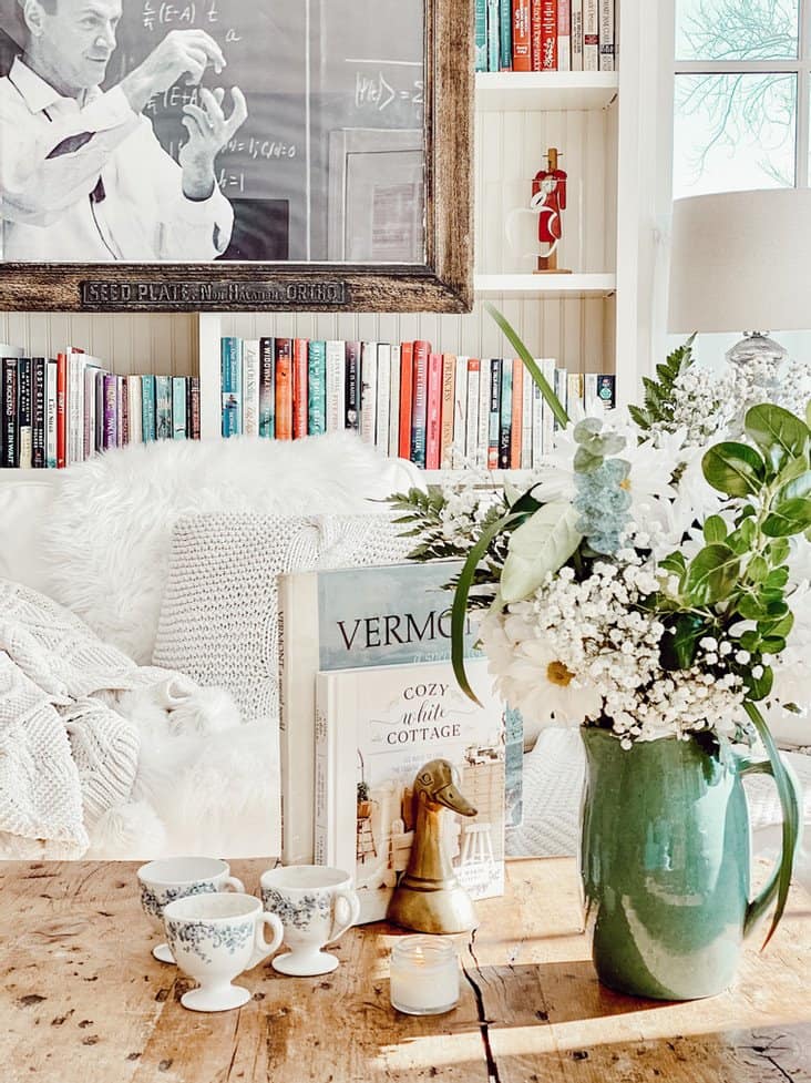 Small Home Library with coffee table decor with books and bookshelves.