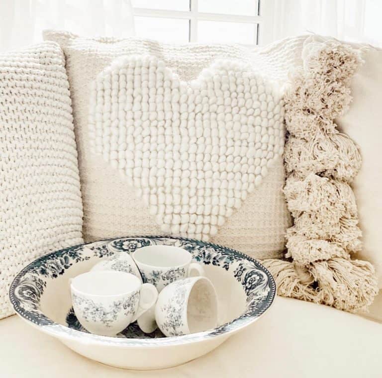 blue and white bowl and pillows