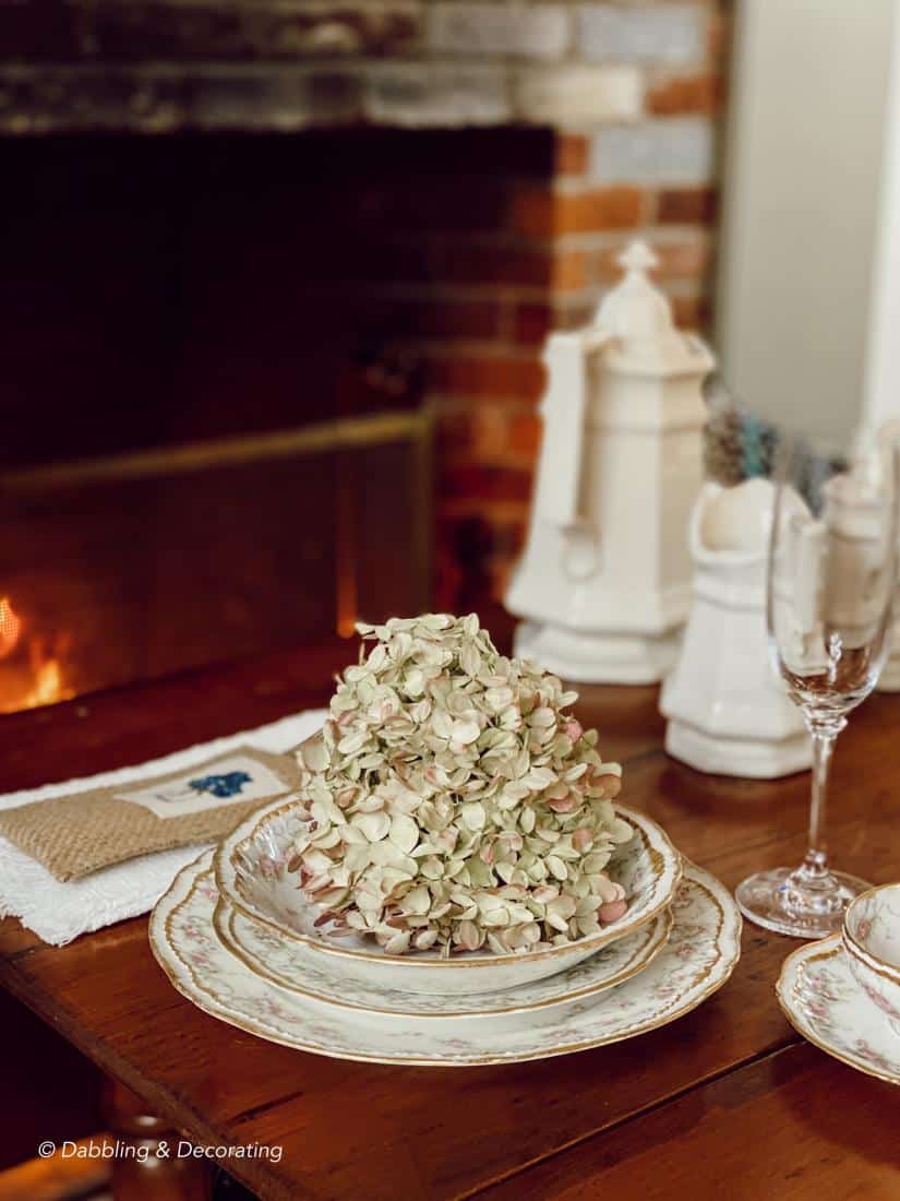 Fireside Hearth and Home Tablesetting with antique pink china and fall hydrangea.