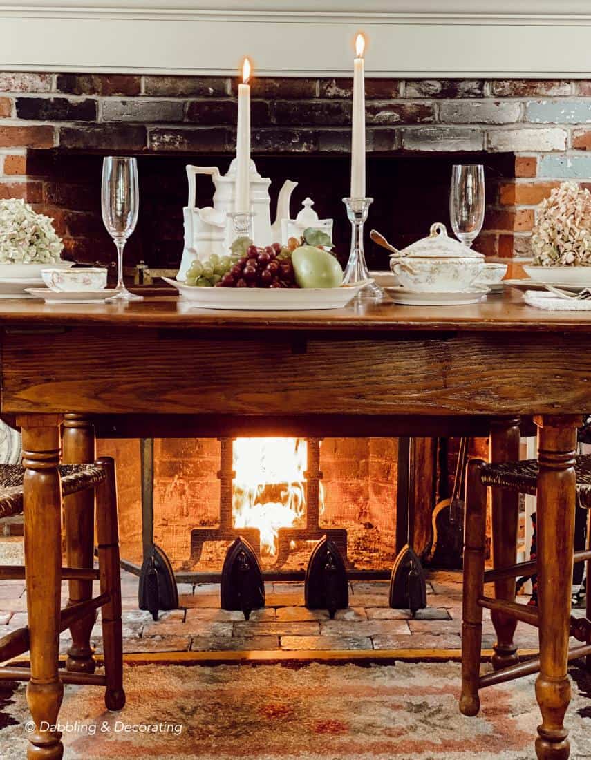 Fireside Hearth and Home romantic table setting.