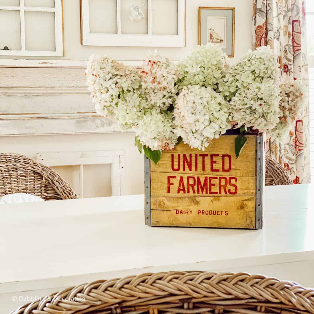 a vintage yellow crate with hydrangeas