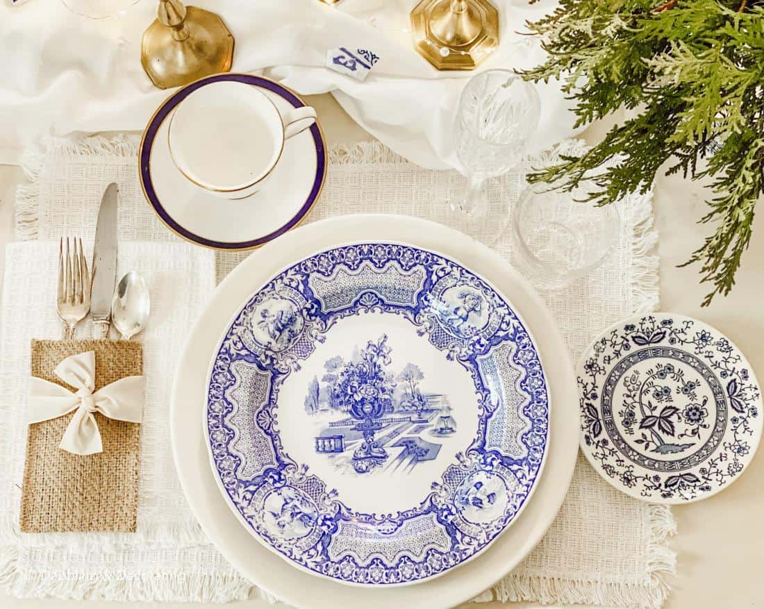 blue and white table setting